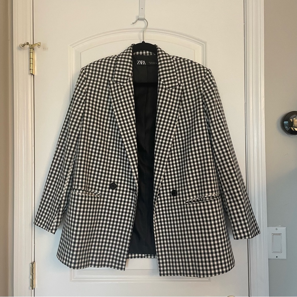 Zara Checker Oversized Black White Double Breasted Blazer. Size Small